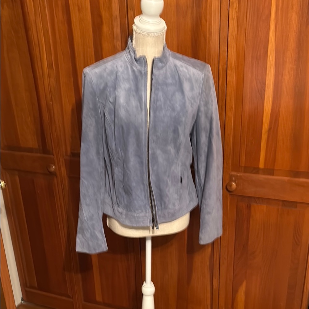 Valerie Stevens Blue Leather Jacket Classic Zip-Front Design